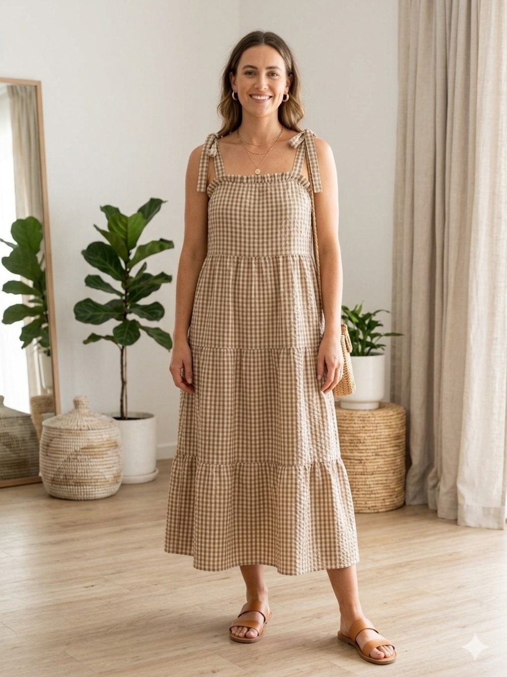 Noisy May Tie-Shoulder Gingham Midi Dress in Beige